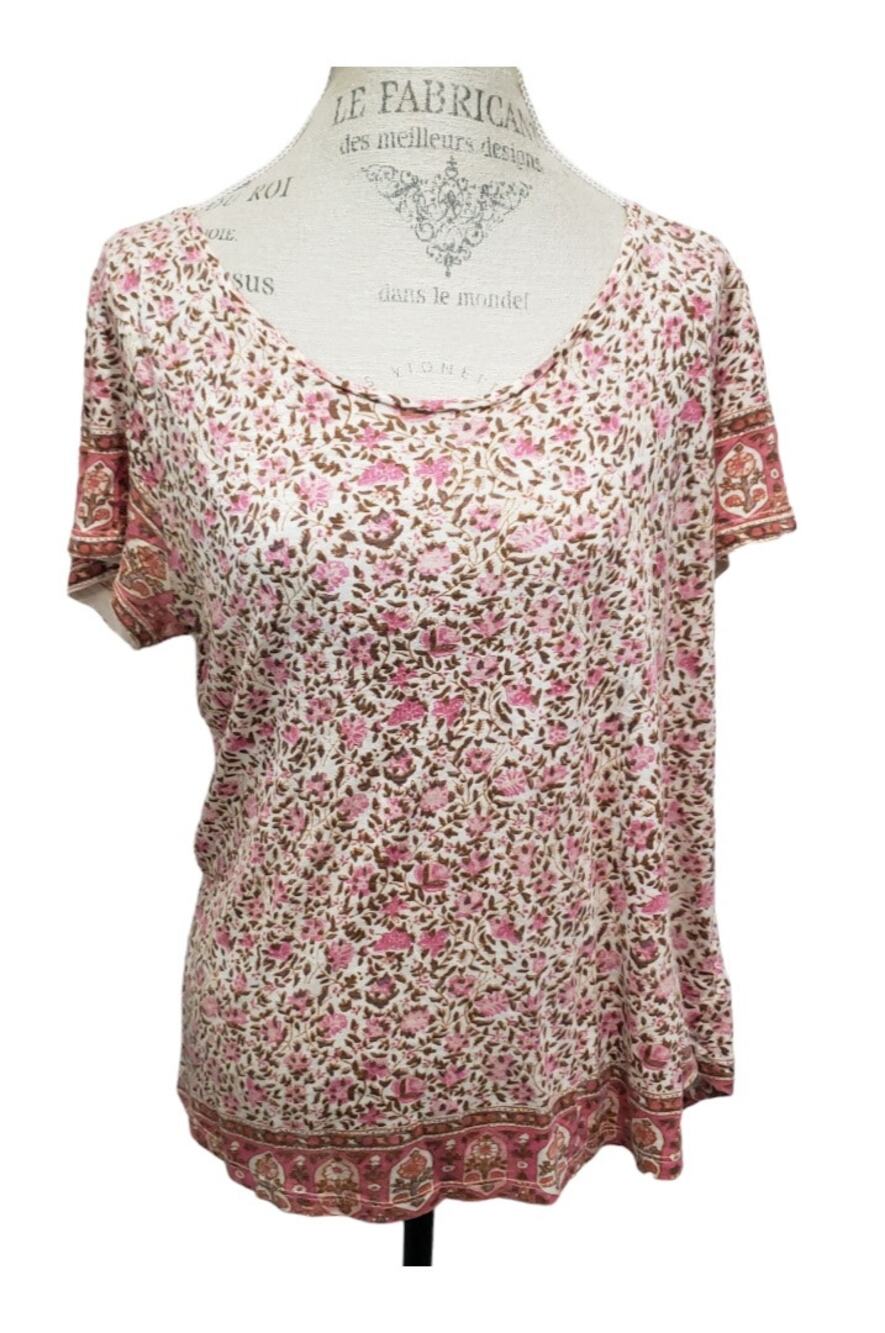 Lucky Brand Multi Color Floral Print High Low Loose Fit Short Sleeve Shirt Top